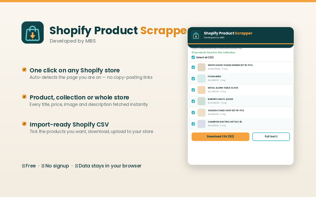 Extension popup listing products from a collection with checkboxes and Download CSV button